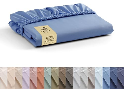Linen Home 100% Cotton Percale Weave Fitted Sheet, King Size, Baby Blue, 1 Deep Pocket Fitted Sheet, Fits Mattress Upto 16 Crisp and Cool Strong Bed Linen, 78X80+15