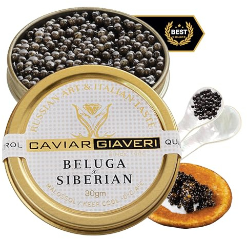 BESTER CAVIAR Royal Beluga Hybrid Sampler Set 1.05oz (30g) – Huso huso x Baerii Sturgeon Sampler Package – Caviar Serving Set with Mini Blinis (30 pcs), Mini Cooler, & 1 Spoon