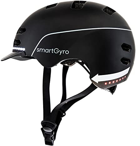 SMARTGYRO Casco Inteligente con luz de Frenado Automática, Tamaño L, EPS + PC, Batería, Visera Delantera, Leds Delanteros y Traseros, Color Negro, SG27-248