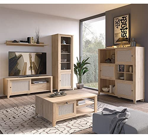 Lomadox Wohnzimmer Wohnmöbel Set inkl. Couchtisch Vitrine TV-Lowboard Wandregal Highboard in Eiche Nb. mit Wiener Geflecht Nb.