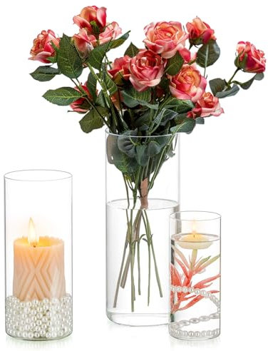 Inweder Vaso Vetro Decorativo Interno - Set di 3 Cilindro Vasi Decorativi Interno Moderni Portacandela Portacandele Vetro per Candele a Colonna Candele Galleggianti Centrotavola Matrimonio 15+20+25cm