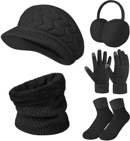 Niwicee Tricotés Ensemble Bonnet Femme Écharpe Gants Set 5 Pièces Cache Oreilles Femme Chaussettes Foulards Tricotés Ensemble De Ski Sports D’Hiver De Femmes Hiver Chaud Chauffant Doublure Doux-Noir