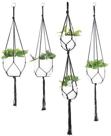Helweet Suspension Plante, Macramé Pot Suspendu, Suspension Plantes Support, 4 Pièces Cintres en pour Plantes, Extérieur Suspendue Décoration Balcon, Noir(N'inclut Pas Le Pot de Fleurs)