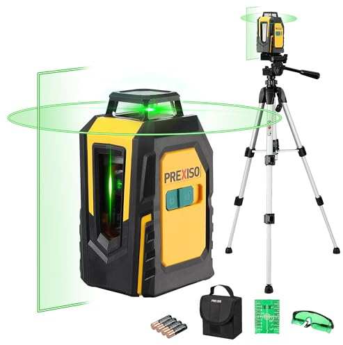 PREXISO 360° Laser Level with Tripod, 100Ft Self Leveling Cross Line Laser- Green Horizontal Line for Construction, Floor Tile, Renovation with Target Plate, Green Glasses, Carry Bag, 4 AA Batteries