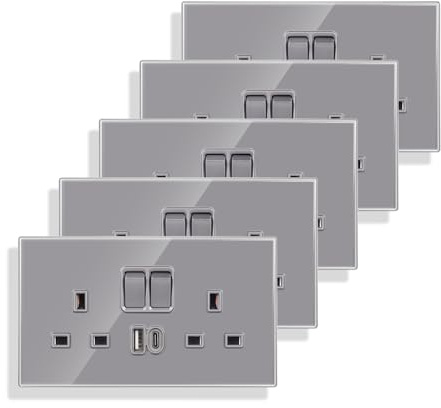 JIMEIDA 5 Pack Double Switched Socket 13 Amp with USB A and Type C 3.1A Charging Ports Crystal Grey Glass Panel Wall Outlet Electric Power Socket