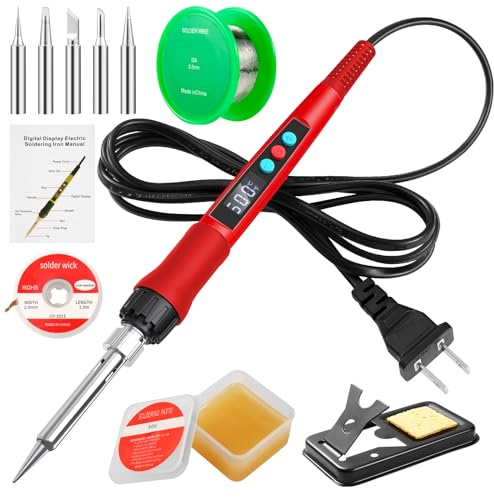 Soldering Iron Kit, 100W LED Digital Solder Gun kits with Ceramic Heater, Adjustable Temperature Welding Tools with Tips, Wick Braid, Stand, Solders Wire, Sponge, Flux Paste, Red