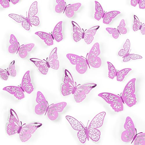 Crosize 48 Pcs Pale Plum Butterfly Decorations, 4 Styles 3 Sizes, Wall Decor, 3D Butterfly Party Decorations, Butterflies for Crafts, Bouquet, Cake Decorating, Flower Arrangements,Room Décor