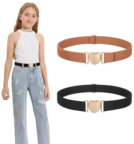 SXCCNW Kids Belt, 2 PCS Girls Elastic Waist Belts with Heart Buckle - Adjustable Stretch Belts for Dresses Jumpsuit Trousers Jeans & Long Coat (40-70 cm) - Black Coffee