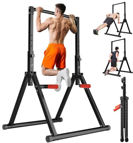WATBKHE Power Tower Pull Up Dip Station Foldable, Pull Up Bar Station Adjustable, Multi-Function Home Gym, Strength Training Fitness Equipment (Black)