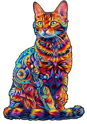 Jigfoxy Wooden Puzzle for Adults, Cat Wooden Jigsaw Puzzles for Adults, Unique Animal Shape Wood Cut Puzzles, Christmas Thanksgiving Gifts for Family Friend Puzzle Lovers(M-11.4 * 7.6in-130pcs)
