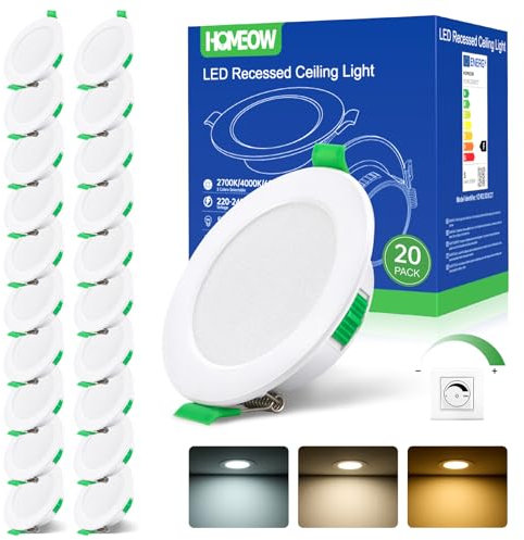 HOMEOW 20er Set LED Einbaustrahler 230V Dimmbar, Led Spots 5W 400LM Warmweiß Neutralweiß Kaltweiß, IP44 Einbaustrahler LED 68mm -78mm Lochmaß, 24mm Ultra Flach Deckenspots für Badezimmer Küche