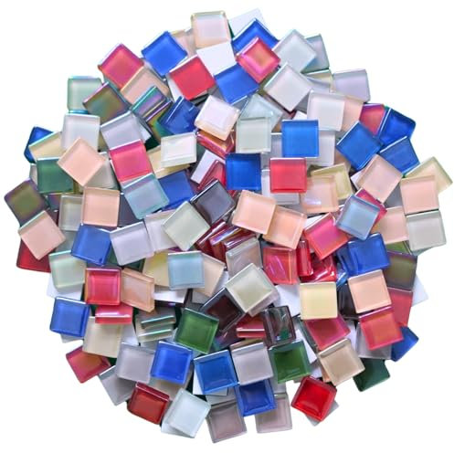 Yuvori Iridescent Square Glass Mosaic Tiles, 0.59inch, 1.1 lbs, DIY, Picture Frames, Bathtubs, Coasters, Vases, Indoor Decor (Multicolor)