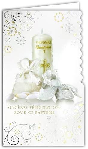 19-634 Carte Porte-Billet avec Enveloppe Sincères Félicitations Baptême Garçon Fille Croix Chrétienne Catholique Dragées Chaussons Bébé Bougie Cierge Lumière Parrain Marraine - Fabriqué en Europe