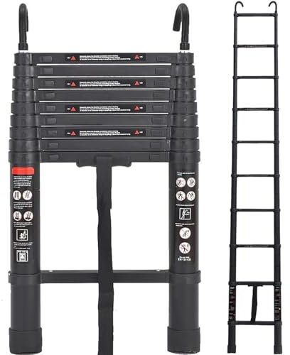 Exleiter Aluminum Telescoping Ladder, 2.9M/9.5FT Portable Extension Ladder with 2 Detachable Hooks Extendable Folding Anti-Slip Loft Ladder with Certificate EN 131, Black
