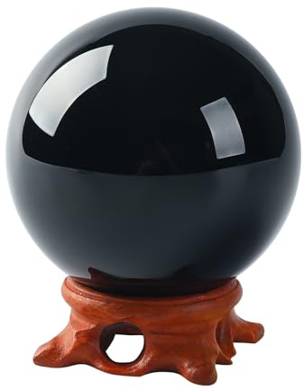 Bola de cristal de obsidiana negra de 100 mm con soporte de madera rosa y caja de regalo para meditación, adivino, feng shui, adivinación, magia, decoración del hogar, Halloween, esfera de cristal de