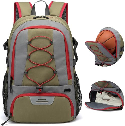 TAIHOYIN Basketball Rucksack Fussballtasche Fußball Rucksack mit Schuhfach & Ballfach 35L Gym Sportrucksack Herren für Basketball, Fußball, Volleyball, Fitnessstudio, Graugrün