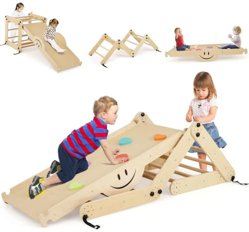 HOMASIS 5 en 1 Aire de Jeux d'escalade en Bois Pliable Montessori, Triangle d'escalade de Pikler d'Intérieur avec Rampe Toboggan échelle Bascule, Structure à Grimper pour Enfant 3 + an (Naturel)