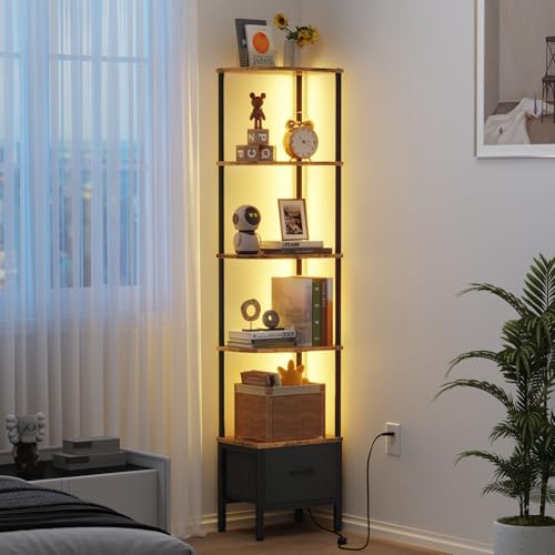 OYRREU Libreria con Cassetto e Luce LED, Scaffale Alto da Angolo a 5 Ripiani, Libreria per Soggiorno o Camera da Letto, Scaffale Stretto con Cassetto in Tessuto, Marrone Retrò