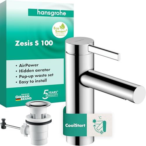 hansgrohe Zesis S - Waschtischarmatur mit Zugstangen-Ablauf, energiesparend (CoolStart), Wasserhahn Bad mit Auslaufhöhe 104 mm, Mischbatterie Waschbecken wassersparend (EcoSmart+), Chrom, 74720000