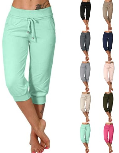 VPQILH Economiche Pantaloni Capri Donna, Pantalone Sportivi da Donna Estivi Leggeri 3/4 Pantaloncini Elastico con Coulisse e Tasche Pantaloncino Comodi Pantaloni Larghi Pinocchietti Tinta Unita Pants