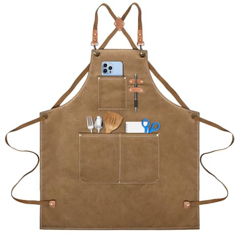 Tablier de Cuisine pour Homme,Tablier de Travail,Tablier Barbecue avec Poches,Bretelles Réglables de M à XXXL Tablier Cuisine pour Femme,pour Barbecue, Restaurant, Jardin, Barbecue, Café (Brun)