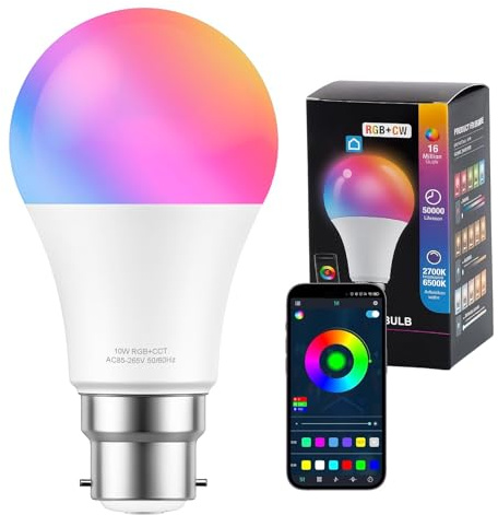 Quwem Smart Bulb Bayonet B22,10W 806LM Colour Changing WiFi Light Bulb RGB Dimmable Warm White LED Lightbulb App or Voice Control Works with Alexa and Google Home Assistant 2700K-6500K 1 Pack