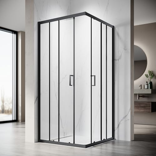 SONNI Duschkabin med hörningsteg och skjutdörr, 90 x 90 cm, 5 mm ESG-säkerhetsglas, duschavdelare med nanobeläggning, utan duschkar (svart)