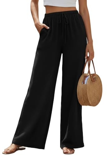 Womens Linen Trousers, Wide Leg Summer Pants with Pockets, High Waisted Elastic Waist Casual Loose Palazzo for Ladies Black