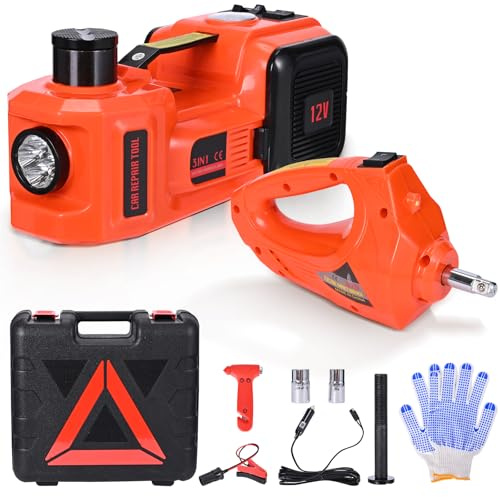 GJCrafts Cric hydraulique électrique avec visseuse à percussion, compresseur d'air et mallette de transport – Capacité 5 T, 150-530 mm, lumières LED, fonctionnement 12 V/CC pour le changement de pneus