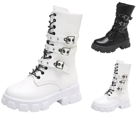 MJGkhiy Bottes d'hiver pour femme avec plateau gothique bottine Biker confortable noir moto bottines avec fermeture éclair blanches Punk Boots Cowboy en cuir chaud