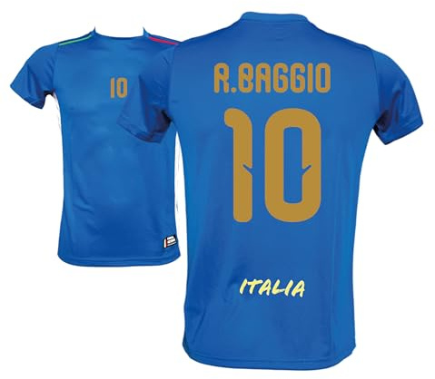 Generico Maglia Italia Calcio R. Baggio 10, Blu con Stampe in Oro, Replica Maglietta Nazionale Italiana, Taglie da Adulto e Bambino (IT, Testo, L)