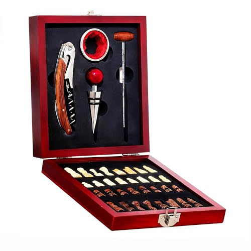 Cavatappi professionale con termometro per vino, tappo per bottiglia e anello salvagoccia e set di scacchi, confezione regalo in legno (Rosso)