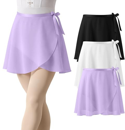 Velvelhall 3 Pack Women's Ballet Wrap Skirts Ladies Sheer Chiffon Dance Skirt with Adjustable Waistband for Adult Gymnastics(Black, White, Light Purple,Medium)