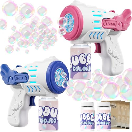 2-Pack Light Up Bubble Makers for Kids Automatic Bubble Machine with Angel Wings 10 Bubble Refills and Solution Outdoor Summer Toys for Boys Girls Birthday Party Gift