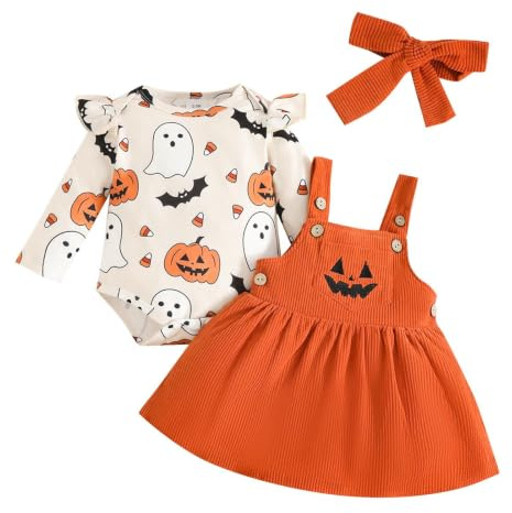 Barn Halloween Outfits för Flickor 3-Delars Söt Manchesterdräkt Med Pumpa | Festival Byxdress Samt Overall Klänning För Barn I Åldern 6-18 Månader, Till En Högtidsfest Och