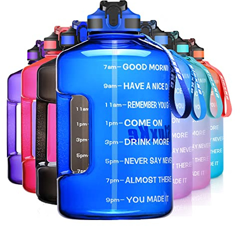 SLUXKE Gallon Water Bottle with Straw and Time Marker, 74oz BPA Free Huge Water Jug with Handle, LeakProof Pop Up Daily Water Intake Bottle Blue