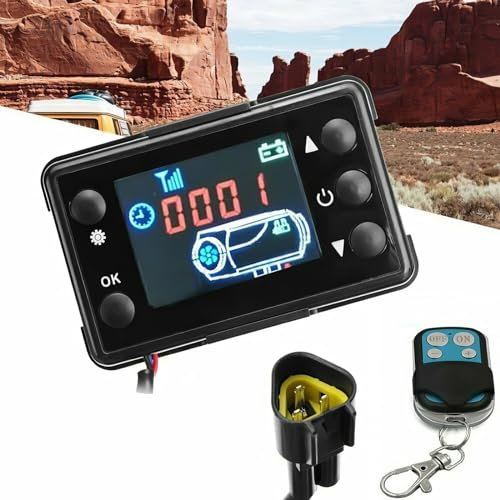 Fernbedienung mit LCD-Monitor-Schalter, Riloer 12 V Universal-Auto-LKW-Diesel-Lufterhitzer-Controller mit 4-Tasten-Fernbedienung, LCD-Bildschirm,Leistung: 2 kw/5 kw