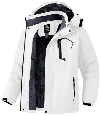 Wantdo Men's Mountain Ski Jacket Waterproof Winter Coat Hooded Windbreaker Warm Snowboarding Jacket Windproof Outdoor Jacket White L