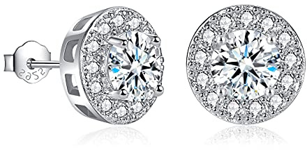EPIRORA Silver Stud Earrings for Women Girls, Sterling Silver Round Halo Cubic Zirconia Studs, Dainty Bridal Diamond Stud Earrings Jewellery Set for Wedding Anniversary (Silver)