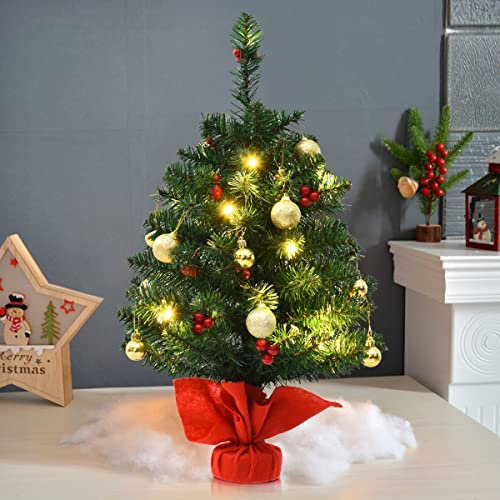 TANGZON 2/3/4FT Mini Christmas Tree,Tabletop Artificial Xmas Tree with Base, Xmas Home Party Decoration for Indoor (2FT/60cm,Green with Ornaments & 15LED)