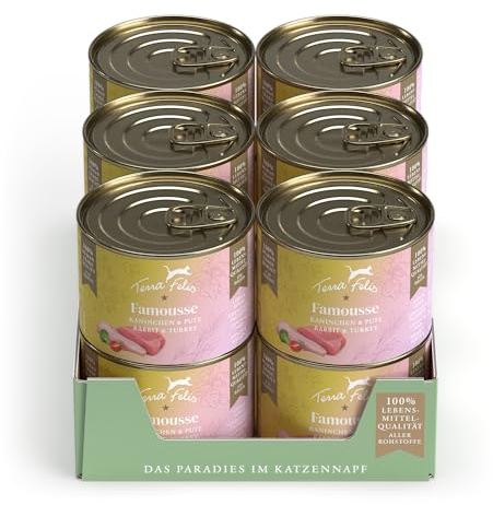 Terra Felis Coniglio & Tacchino - Famousse Cibo umido, 12x200g I Cibo per gatti premium con materie prime di qualità alimentare al 100% I Prodotto in Germania | Senza zucchero I Alimento completo