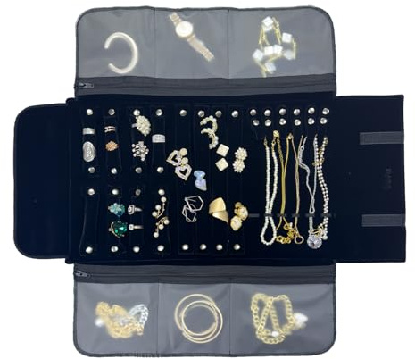 UnionPlus Velvet Travel Jewelry Case Roll Bag Organizer for Necklace Bracelet Earrings Ring, 6 PVC Pockets, Black Upgrade Version