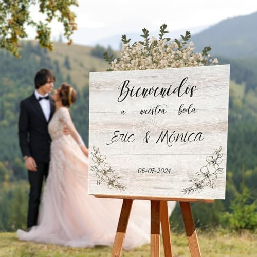 Cartel de Bienvenida para Bodas Personalizado 50x60cm de Madera Laminada, Carteles Boda Personalizados para Bienvenida, Letrero Boda