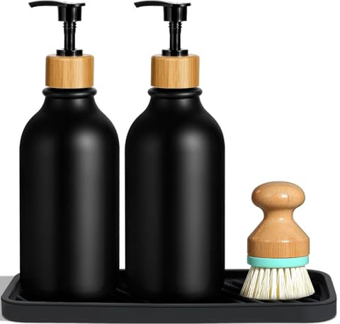 GMISUN Kitchen Soap Dispenser Set, 17 Fl Oz/500ML Hand and Dish Soap Dispenser Set With Silicone Tray and Brush, Modern Black Dish Soap Dispensers for Kitchen, Refillable Washing Up Liquid Dispensers