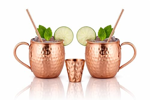 BOLD & DIVINE Moscow Mule Copper Mugs - Set of 2, 100% HANDCRAFTED - Food Safe Pure Copper Solid Mugs - 16 oz Gift Set with Premium Quality Cocktail Straws & Shot Glass!