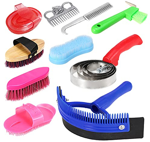 Funien 10-in-1 Kit per la Pulizia del Set di Strumenti per la Pulizia del Cavallo Kit per la Pulizia della Coda di Mane Massaggio Spazzola per Il Curry Raschietto per Il Sudore Hoof Pick Scrubber per