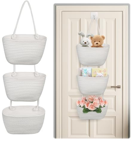 Cesto portaoggetti da parete a 3 livelli, in corda di cotone, decorativo, per riporre vestiti, in camera da letto, soggiorno, bagno (bianco)