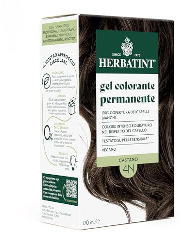 Herbatint Gel Colorante Permanente per Capelli 4N Castano - 170 ml | Senza Ammoniaca, 100% Copertura Capelli Bianchi | per Pelli Sensibili, con 8 Estratti Naturali Bio