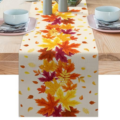 Aoreun Herbst Tischläufer, 183 x 33 cm Tischläufer Herbst Ahornblätter, Ahornblatt Läufer Herbstdeko Herbstlaub Tischdeko Herbst Tischdecke, Küche Tisch Dekoration Drinnen Urlaub Party Dekor