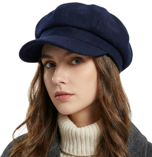 HIQIU Damballongmössa baskermössa toppig mössa höst vinter varm basker mössa målarhatt åttkantig Newsboy Cap, Marinblå, M/one size